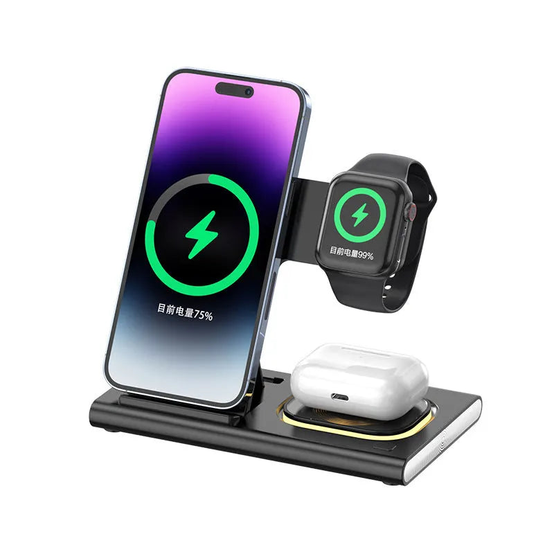 Black folding four-in-one wireless charger on a desk, showing its compact size and USB connection.