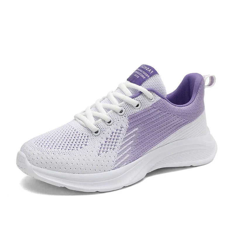 Women's mesh leisure sneakers with T-shaped bandage design, round toe, in white and black colourway