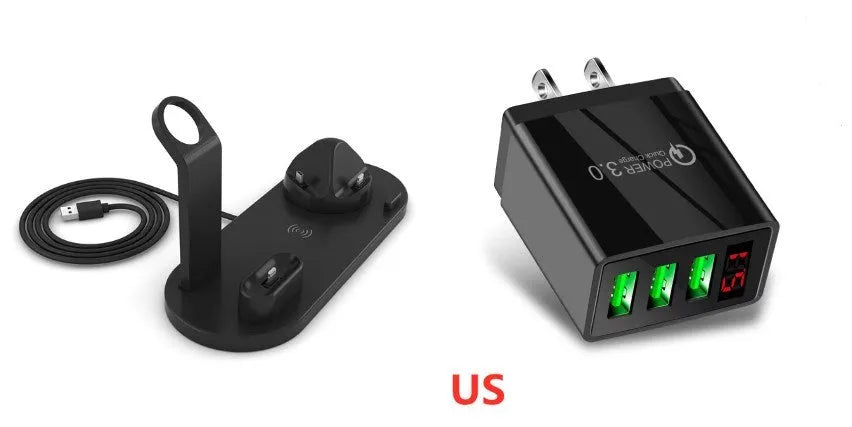 4 in 1 wireless charger stand for iPhone Samsung iWatch AirPods in black silicone material with 360 degree rotating dock