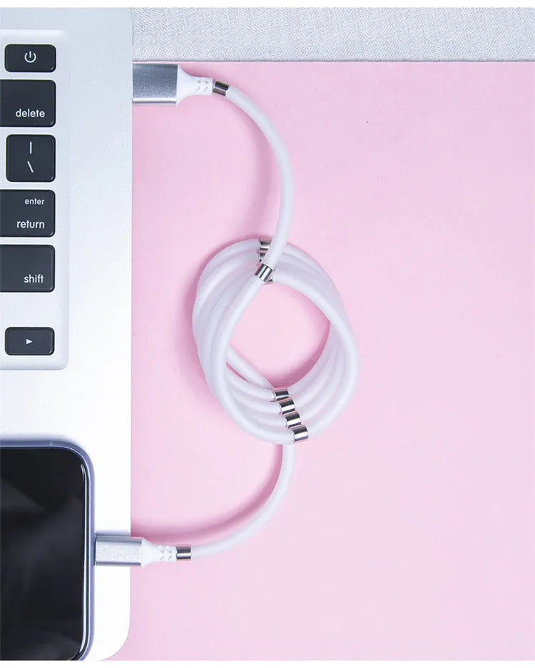 White and black magnetic charging cable with aluminium alloy joints measuring 1 metre for iPhone Android Type-C devices