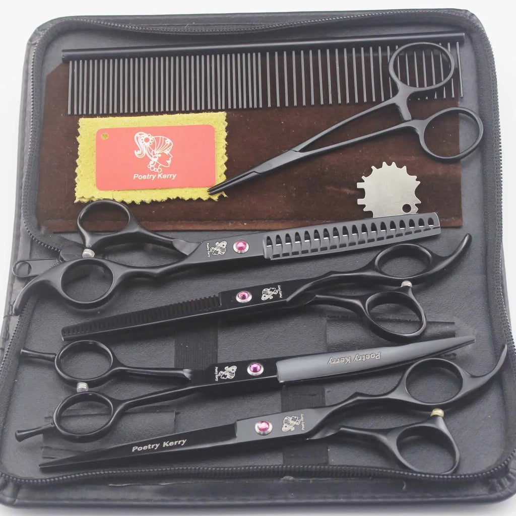 Six-piece black stainless steel pet grooming scissors set containing straight, curved, dense teeth, fishbone teeth scissors, comb, and haemostatic forceps
