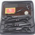 Six-piece black stainless steel pet grooming scissors set containing straight, curved, dense teeth, fishbone teeth scissors, comb, and haemostatic forceps