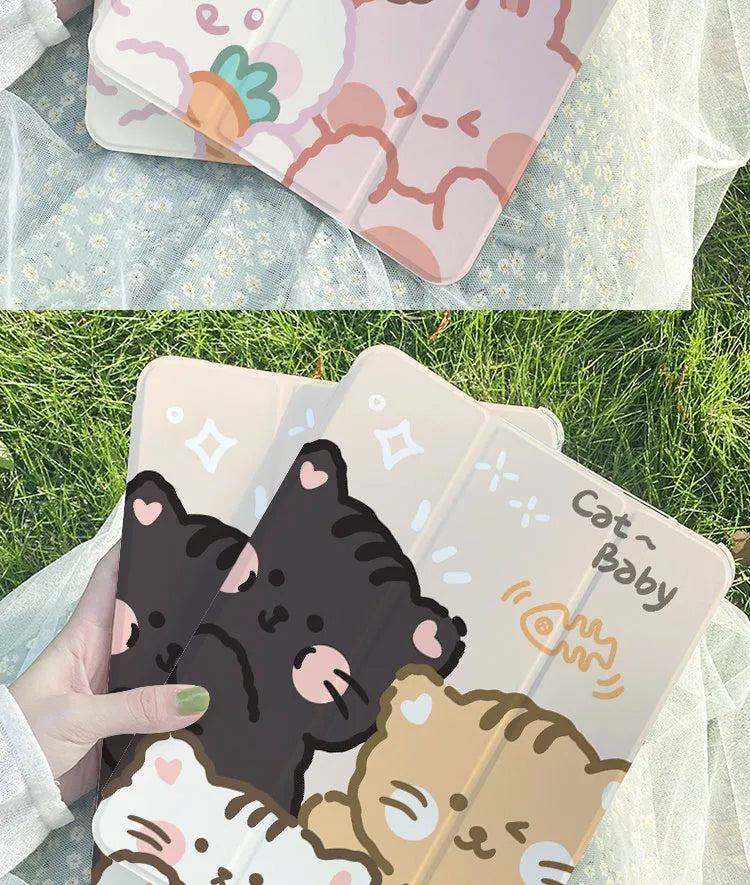 Rabbit cartoon design tri-fold silicone protective case for an iPad tablet, shown in stand mode.