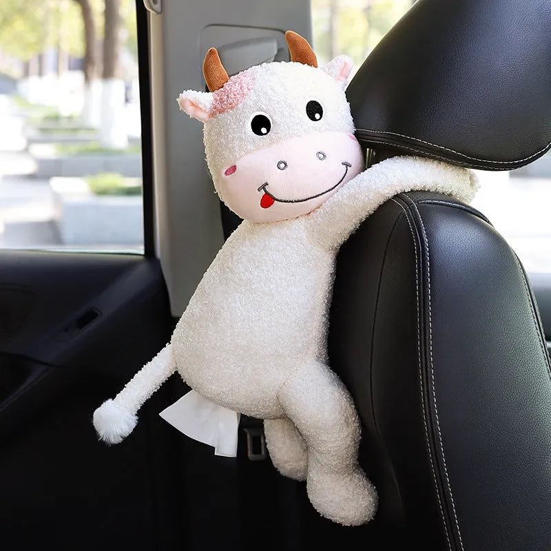 Soft plush car seat back tissue box holder with cute animal design