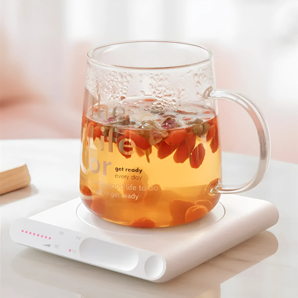 Pink and white USB-powered mechanical heating cup coaster with timing function