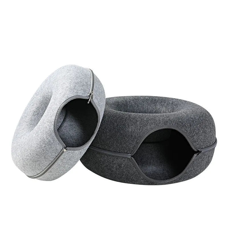 Grey felt cat nest tunnel with round bed and side tunnel entrance for cats