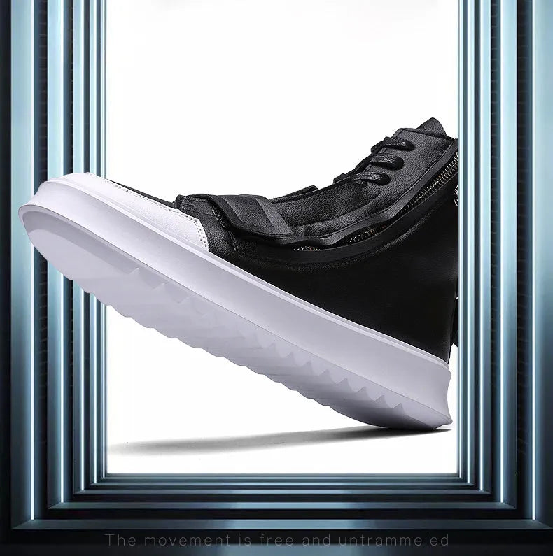 Black and white PU leather men's ankle boots with high-top sneaker design showing microfiber material texture