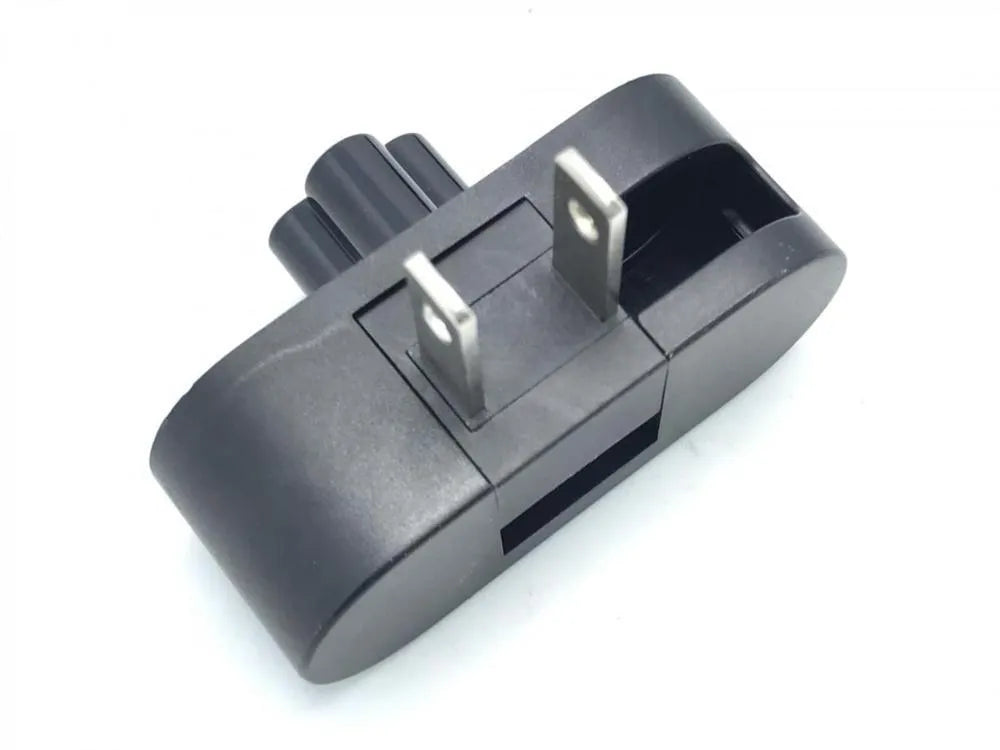 Black folding notebook power plug showing straight and 90-degree angle configurations
