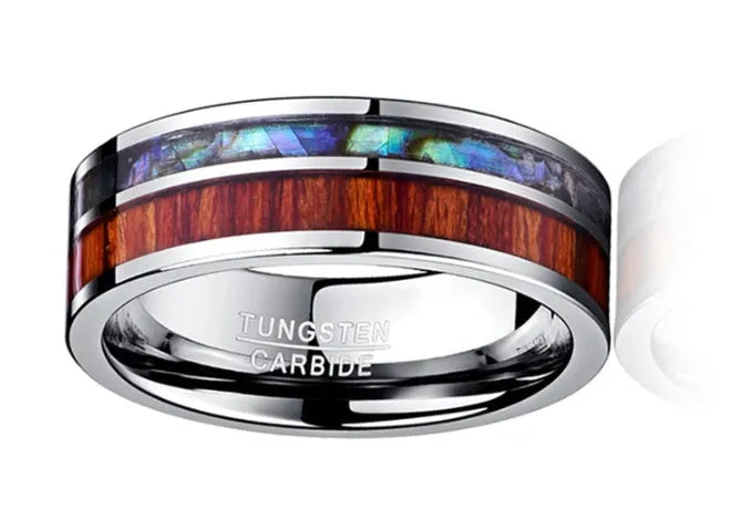 8mm wide tungsten carbide men's wedding ring with polished wood grain finish in silver tone