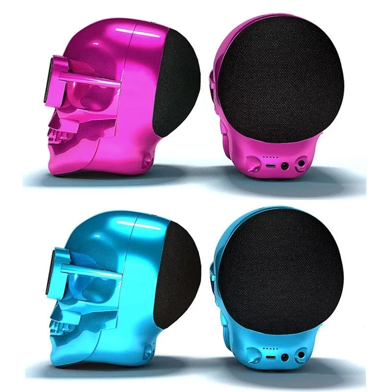 Skull-themed portable wireless Bluetooth speaker in multiple colours with a 10-hour battery.