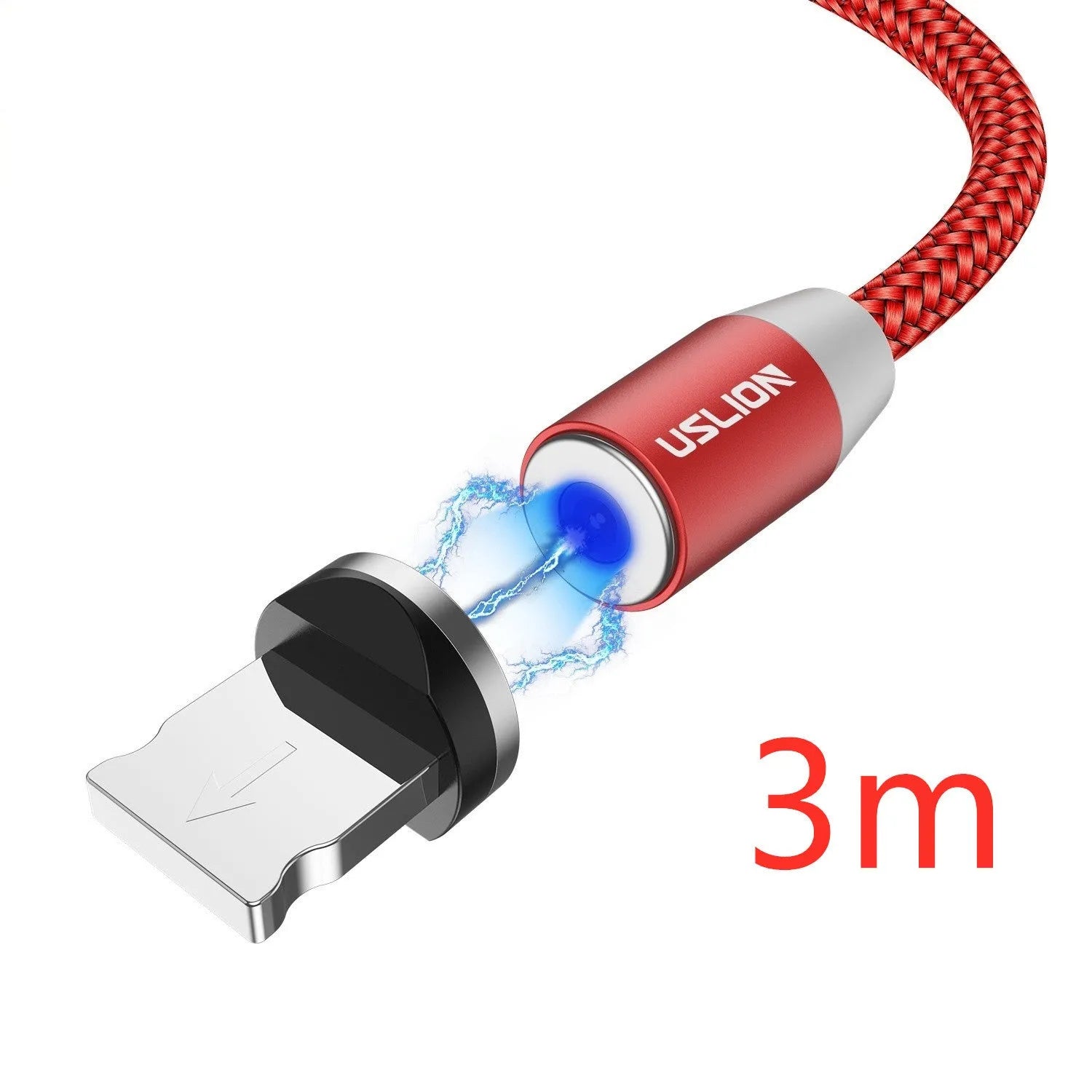 USLION circular magnetic charging cable in black, showing magnetic connector and plug for Android, iOS, or Type-C device.