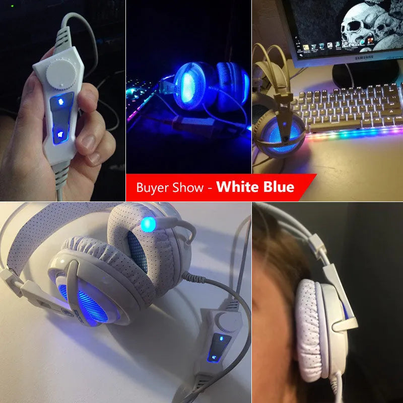 7.1 channel USB gaming headset with surround sound, padded headband, ear cushions, and LED lights, black colour
