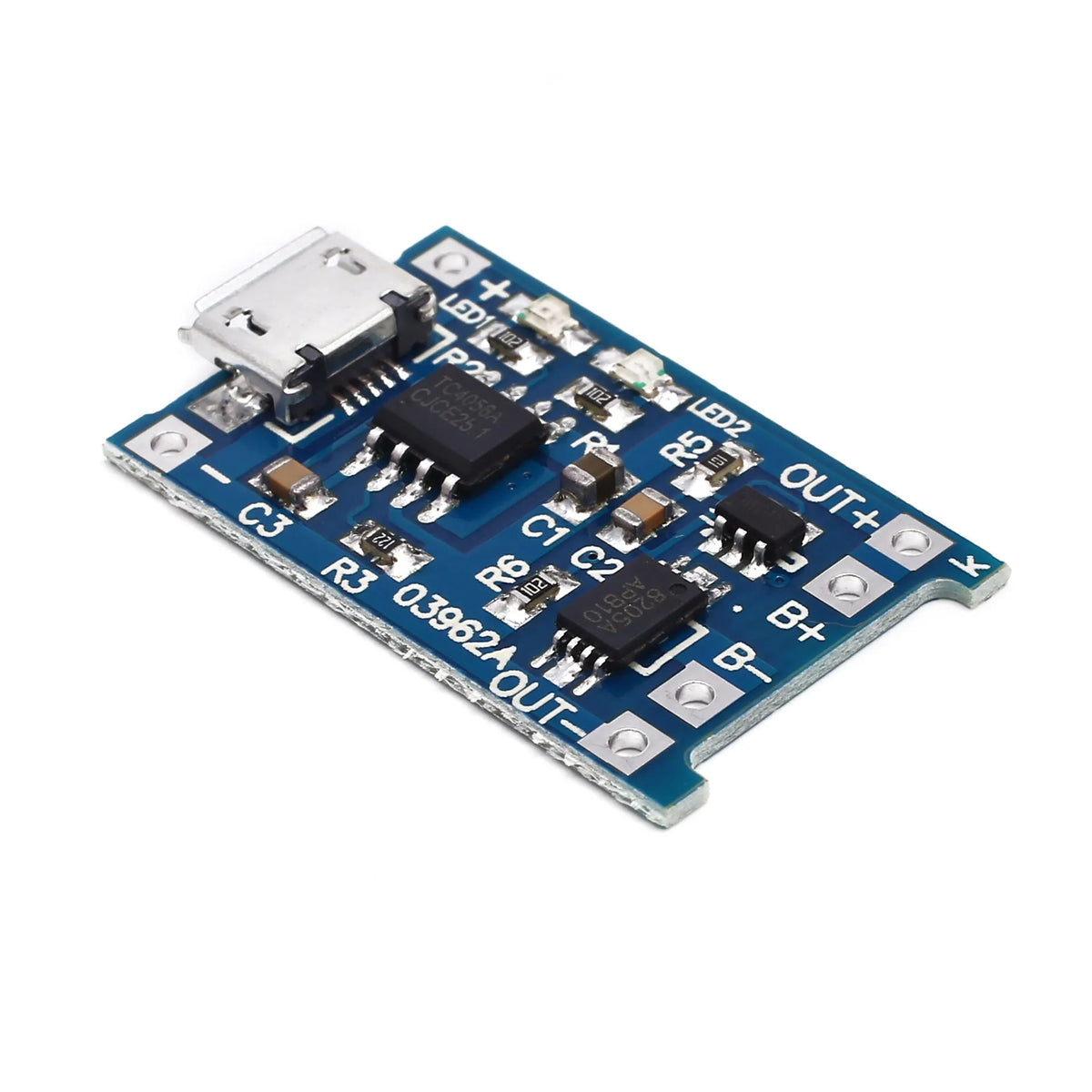 Blue lithium battery charging and protection integrated board 2.6x1.7cm with 5V input and protection circuitry