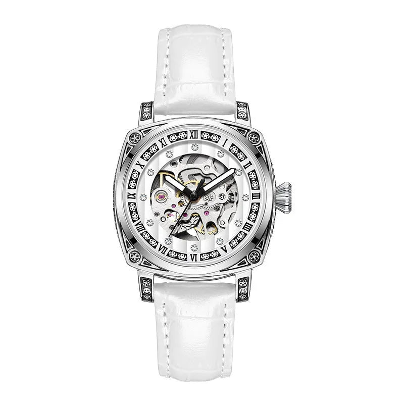 Mechanical watch with luminous hands and leather strap in multiple colour options