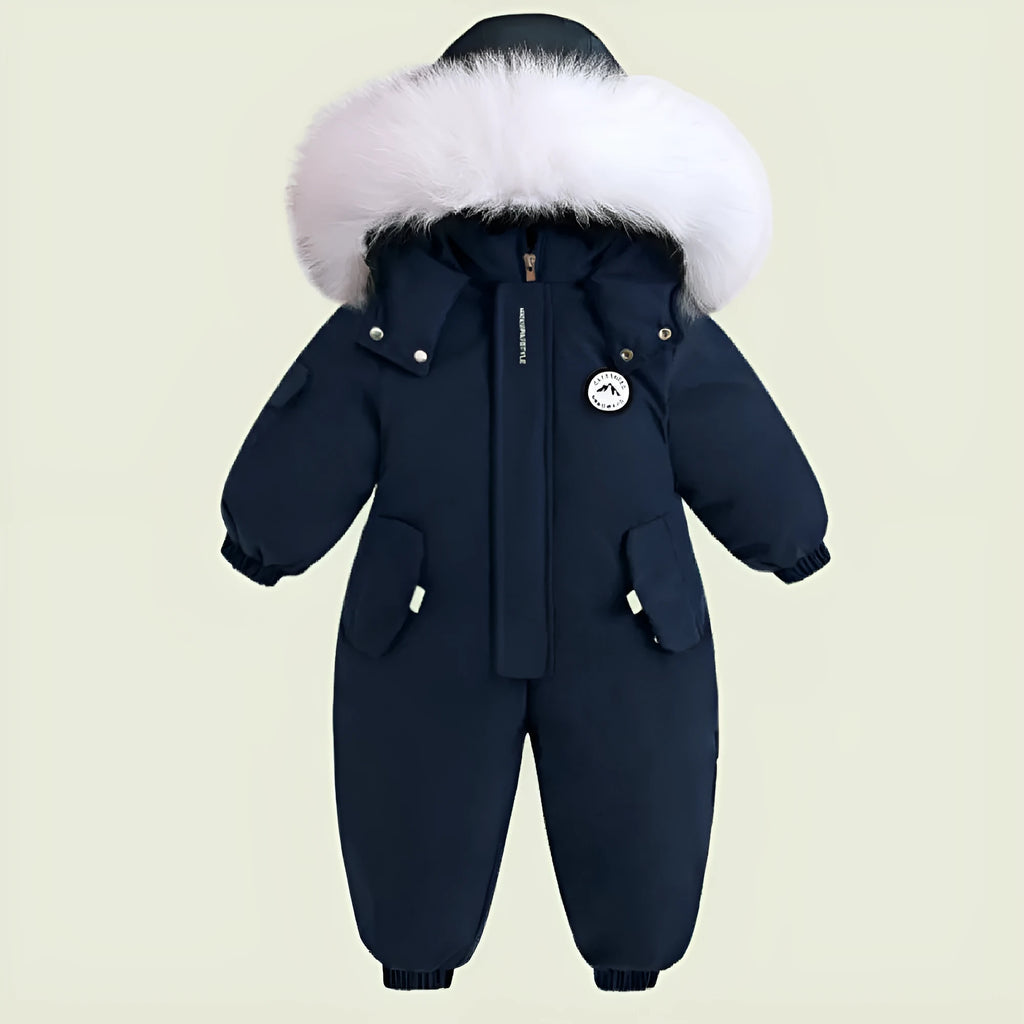 Children's winter ski suit in thickened polyester fibre, long climbing style, available in milky white, navy blue, and pink for sizes 90-120cm
