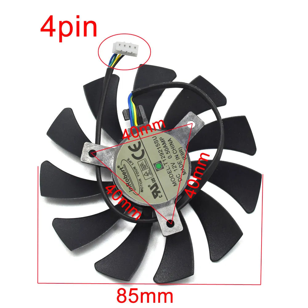 Black square 85mm computer cooling fan with 4-pin connector for graphics card