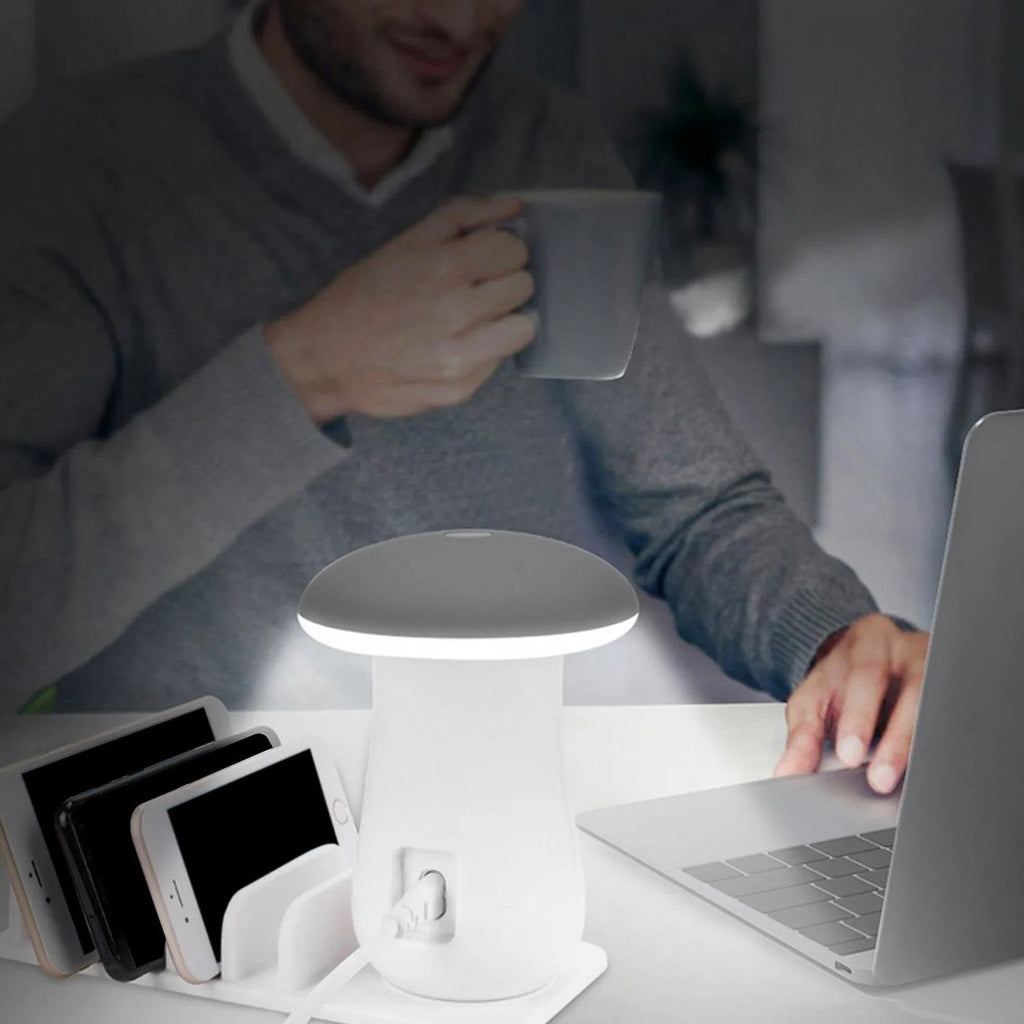 Mushroom-shaped USB charging dock station with five ports and integrated LED night lamp on desktop