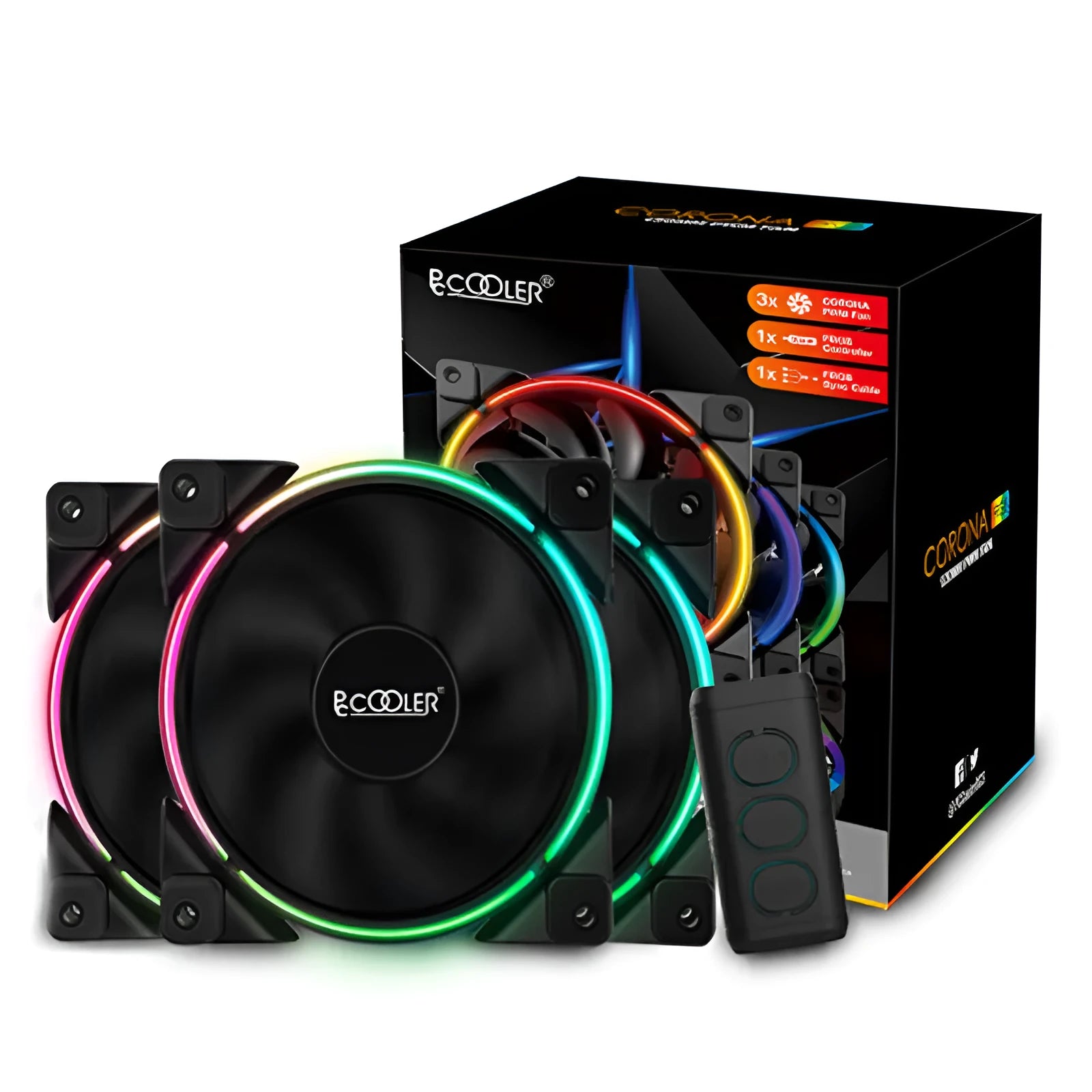 Three black 12cm FRGB lighting PC case fans with transparent blades on a dark background.