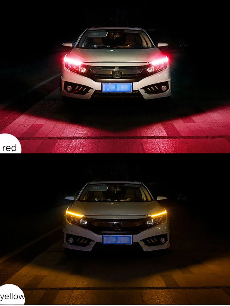 Flexible silicone car LED strip for daytime running lights and animated turn signals on a vehicle headlight.