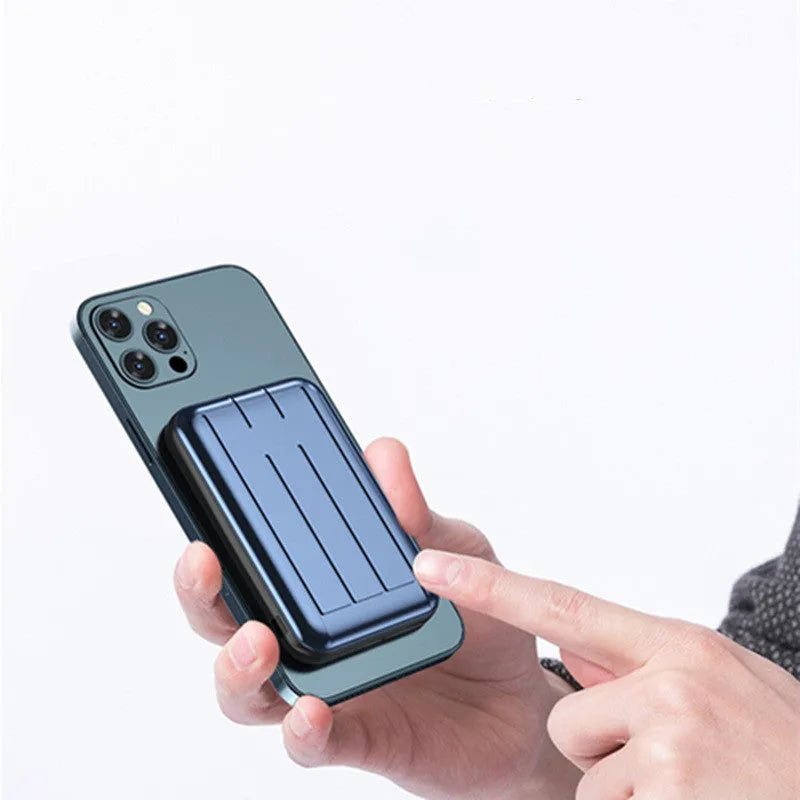 Blue 15W wireless magnetic power bank showing front view with dimensions 98mm by 64mm.