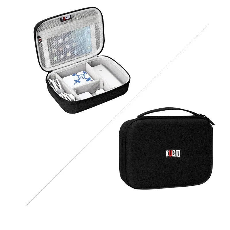 Simple modern EVA digital storage organiser bag for headphones and cables, shown in black or grey.
