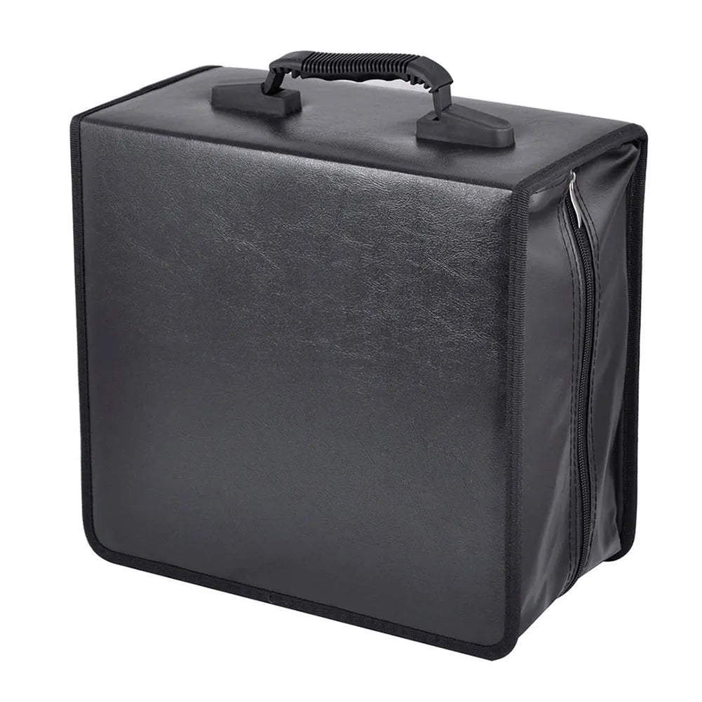 Black Oxford fabric CD storage binder with zipper closure and carrying strap