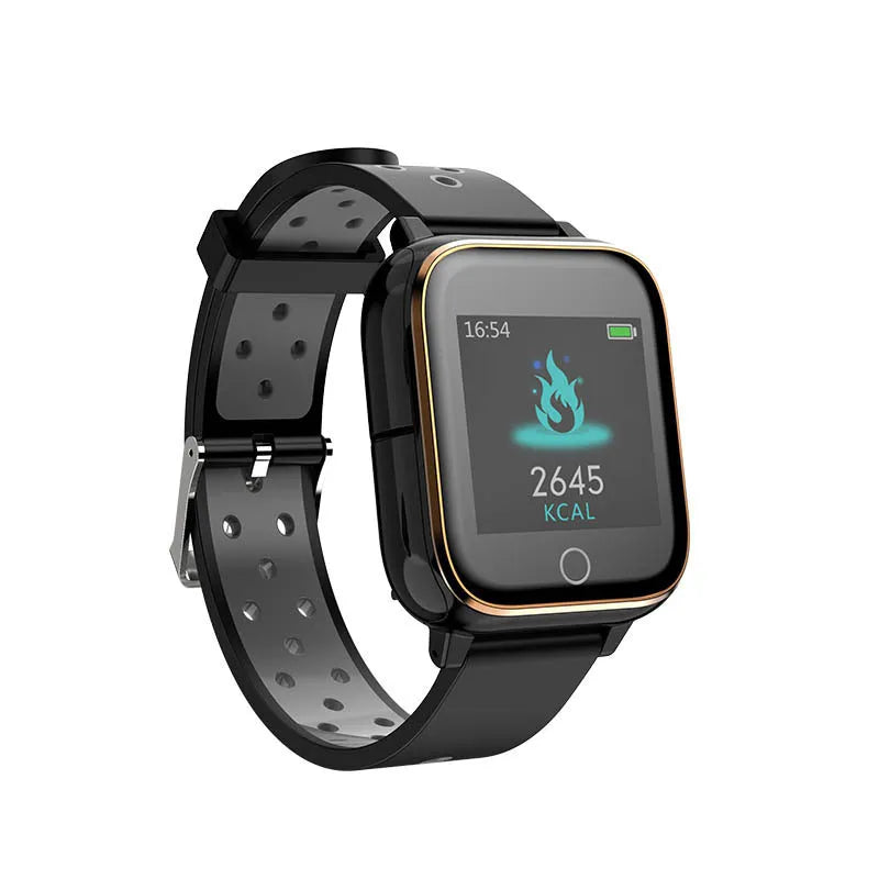 Black smartwatch bracelet with integrated Bluetooth earbuds stored in the side, showing 1.4-inch display