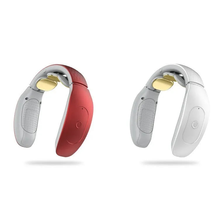 Small red and white intelligent cervical massager unit with three contact points and battery power.