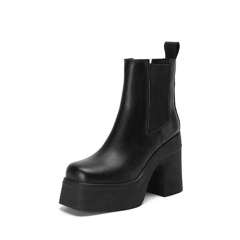 Women's square toe chunky heel platform ankle boots in black with waterproof colour-blocked platform