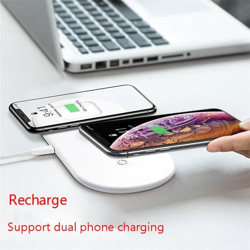 Smart three-in-one wireless charger for phone, watch, and earphones, shown in black on a desktop with a smartphone placed on the pad