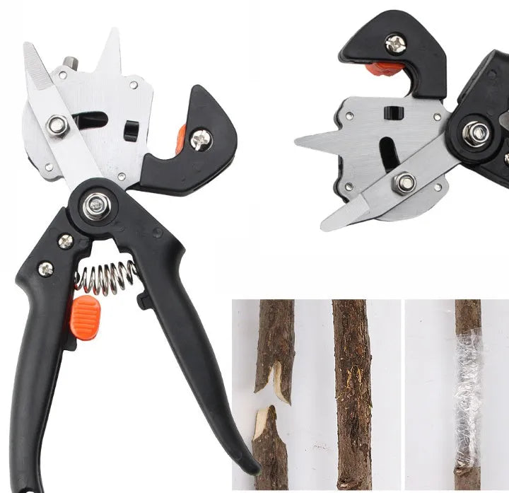 Black handheld grafting scissors with high carbon steel blade and ABS handle on a wooden surface