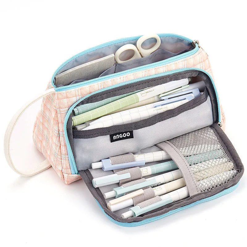 Canvas plaid pencil case with striped Korean style square shape