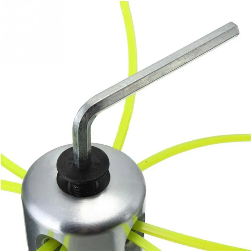 Silver aluminium lawn mower grass head kit with four light yellow cutting lines and a wrench