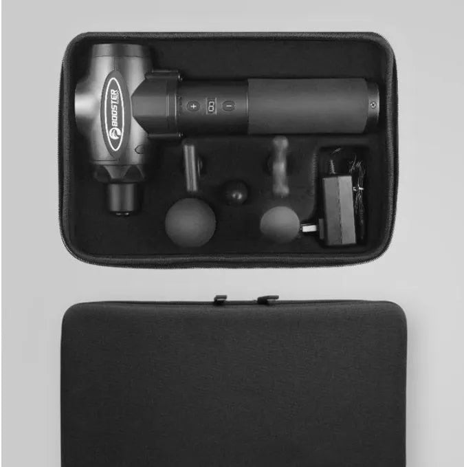 Black and white rechargeable muscle massager gun with adjustable speed settings.