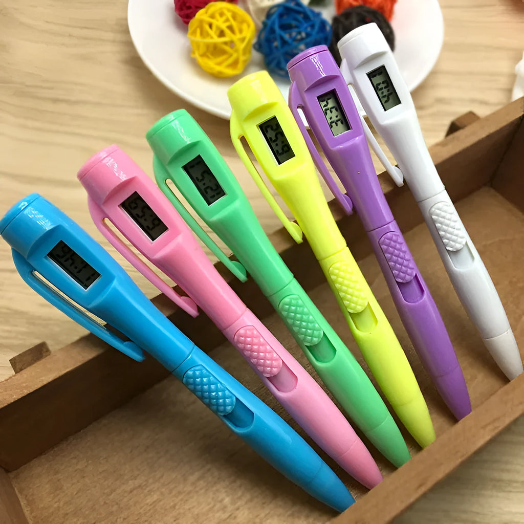 Electronic watch ballpoint pen with plastic shell and digital clock display, available in multiple pen head colours
