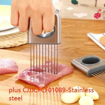 Stainless steel garlic press with PP handle and a separate onion fork kitchen tool