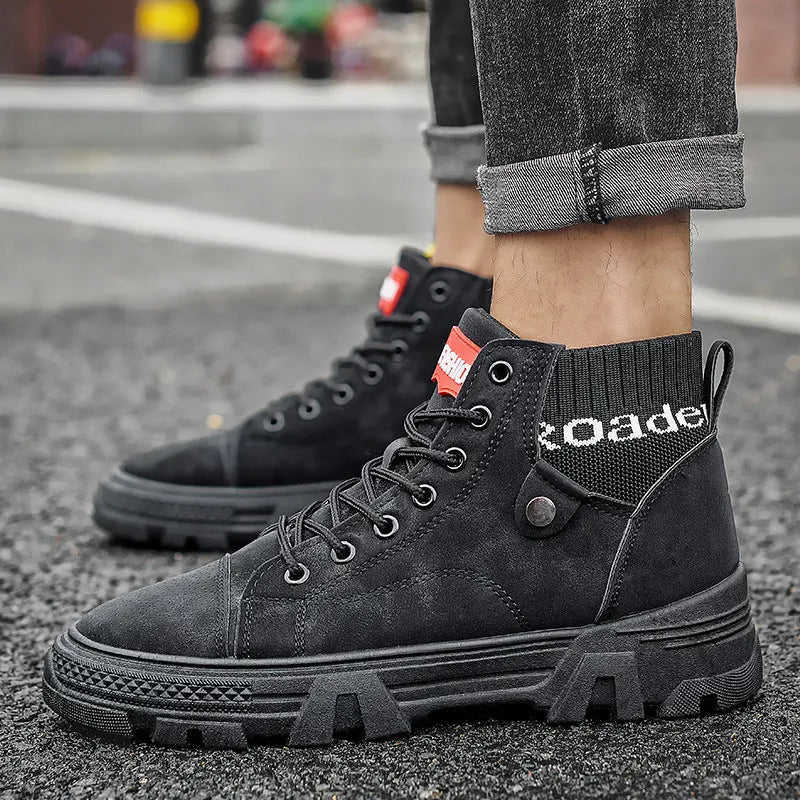Men's high top Martin boots with frosted leather finish, square heel, and front lace closure