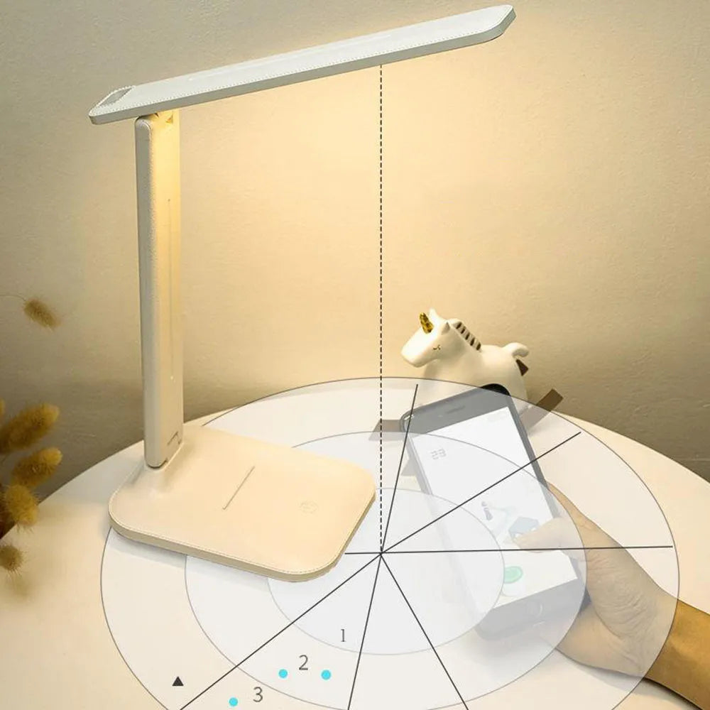 White USB rechargeable bedside lamp with touch dimming controls for children's bedroom