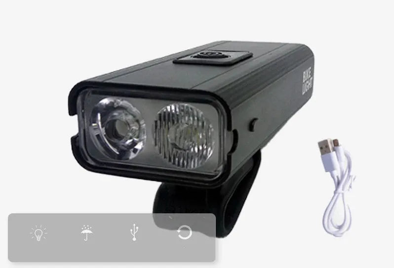 Mountain bike night light with 1000 lumens high beam and red blue flashing mode mounted on handlebar