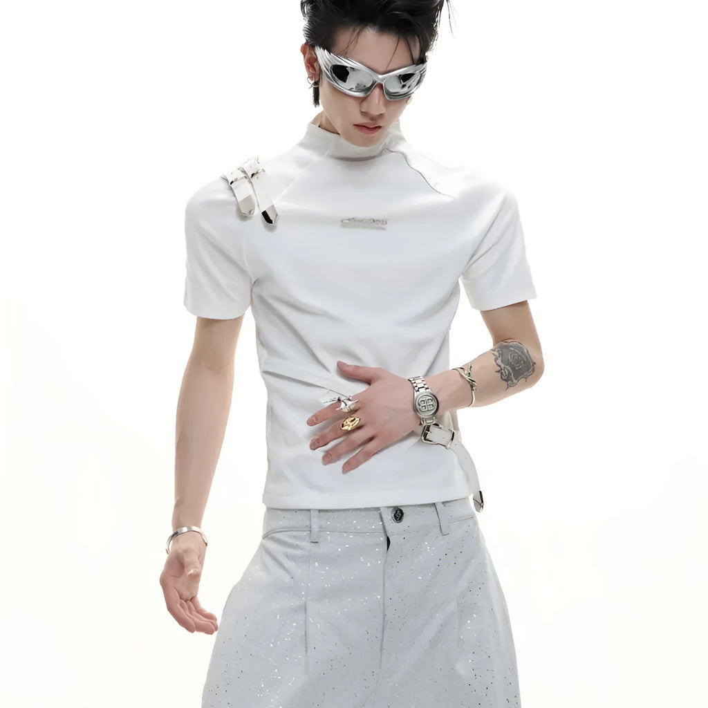 Men's slim fit black cotton T-shirt with metal belt detail and small stand-up collar
