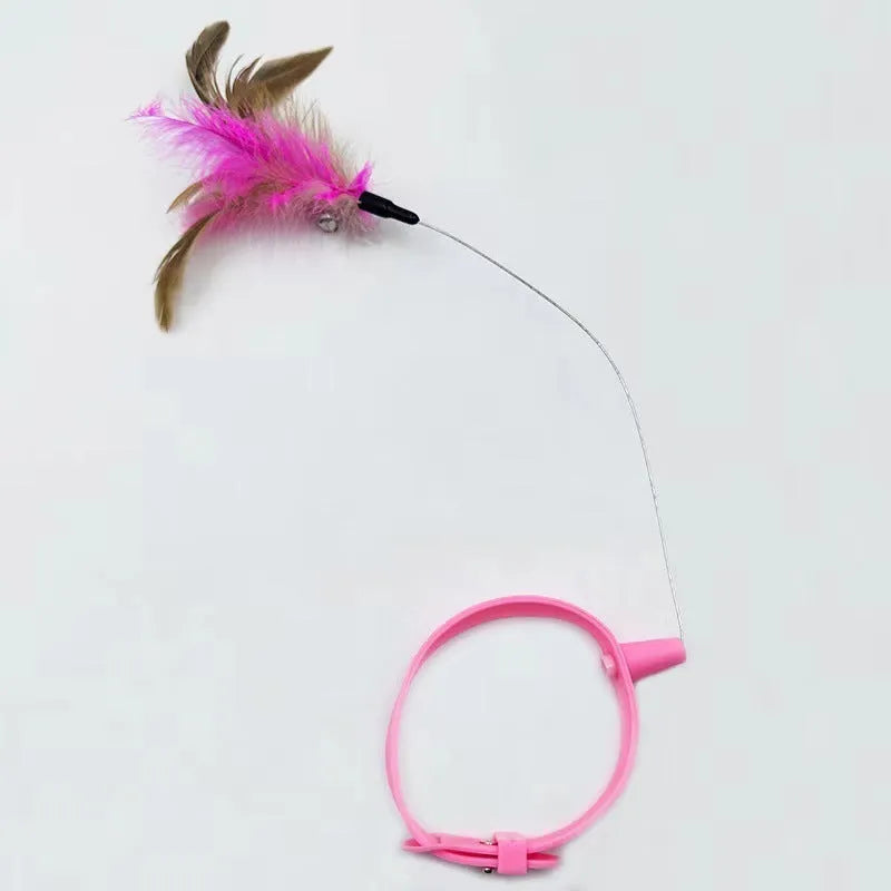 Adjustable cat collar toy with silicone teasing wand and feather attachment, showing blue and pink colour options