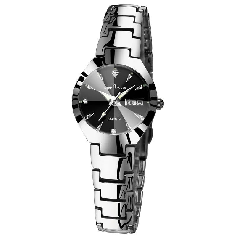 Luminous couple calendar quartz watch with 38mm round alloy case and mineral glass, available in silver black