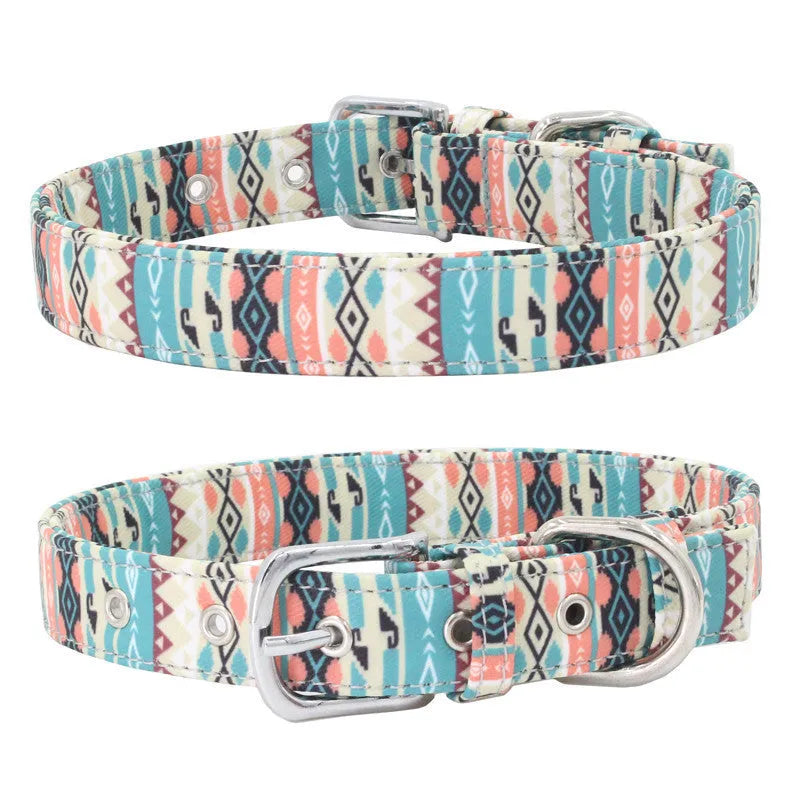 Double layer reflective canvas dog collar with metal D-ring, available in multiple sizes and colours