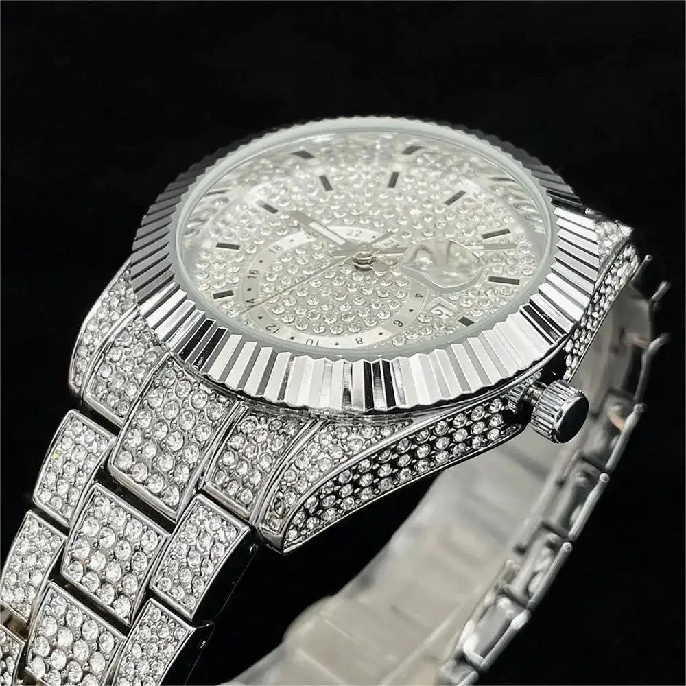 Silver full diamond night glow waterproof men's watch with 42mm dial and gold-plated strap