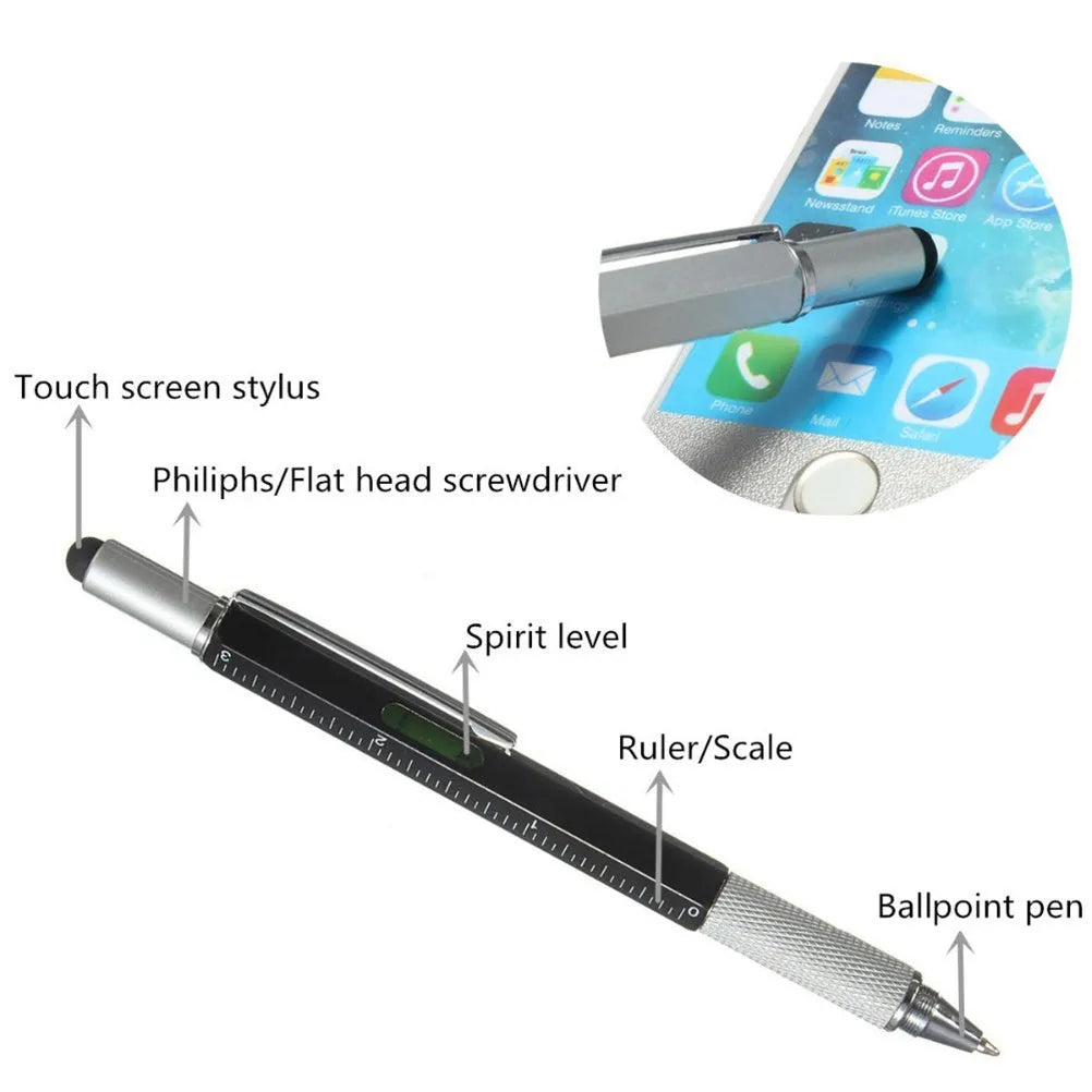 6 in 1 multi-function ballpoint pen with touch screen stylus, screwdriver tips, ruler and spirit level in black plastic