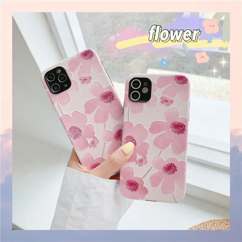 Pink flower phone case for iPhone with Japanese Korean design and soft rubber protective shell
