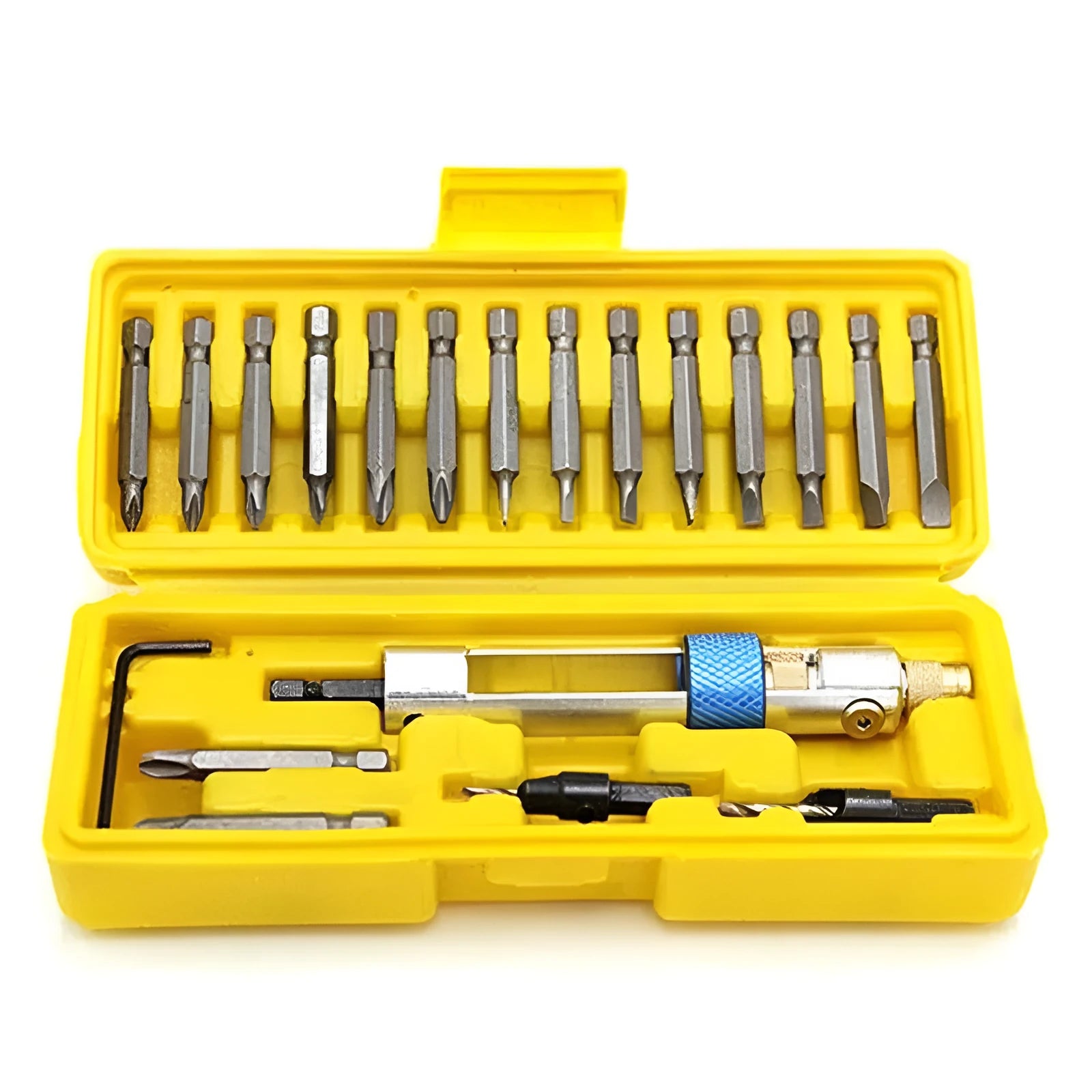 Half Time Drill driver set showing swivel head mechanism and assortment of Phillips, flathead, and countersink bits.