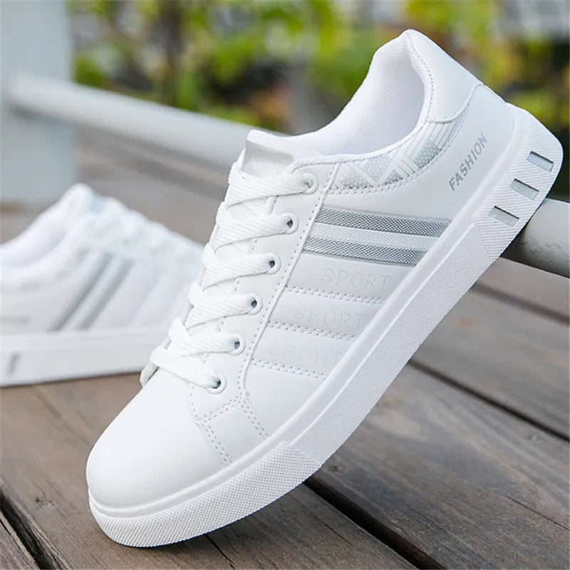 Sports shoes in black, grey, or white colours showing sizing chart with measurements 245mm to 270mm