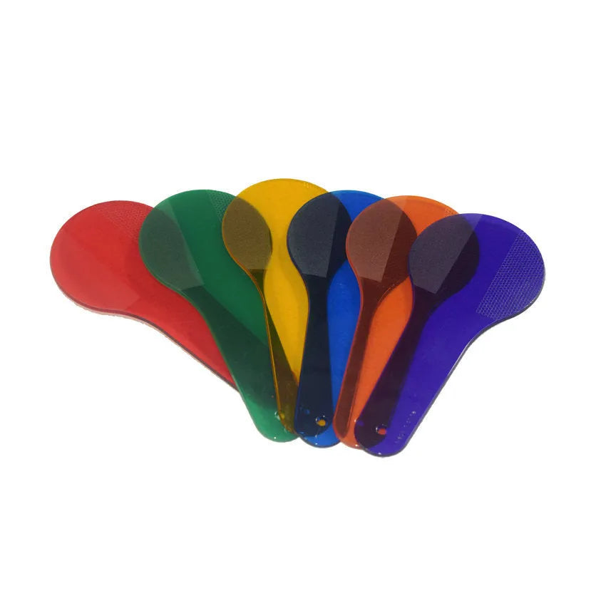 Six PVC colouring boards for children in red, yellow, blue, green, orange, and purple.