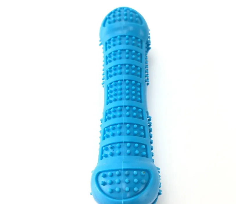 Bone-shaped silicone dog molar stick toothbrush in blue with bristles on all sides